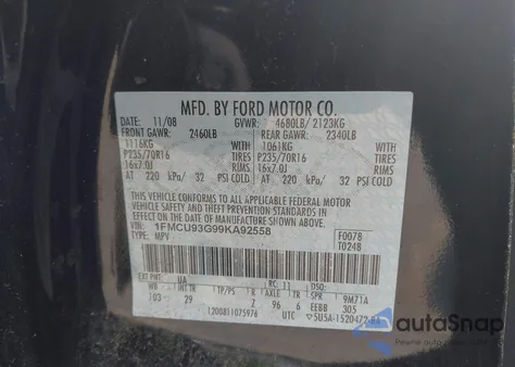 2009 Ford Escape Xlt из США, поврежденный, VIN 1FMCU93G99KA92558